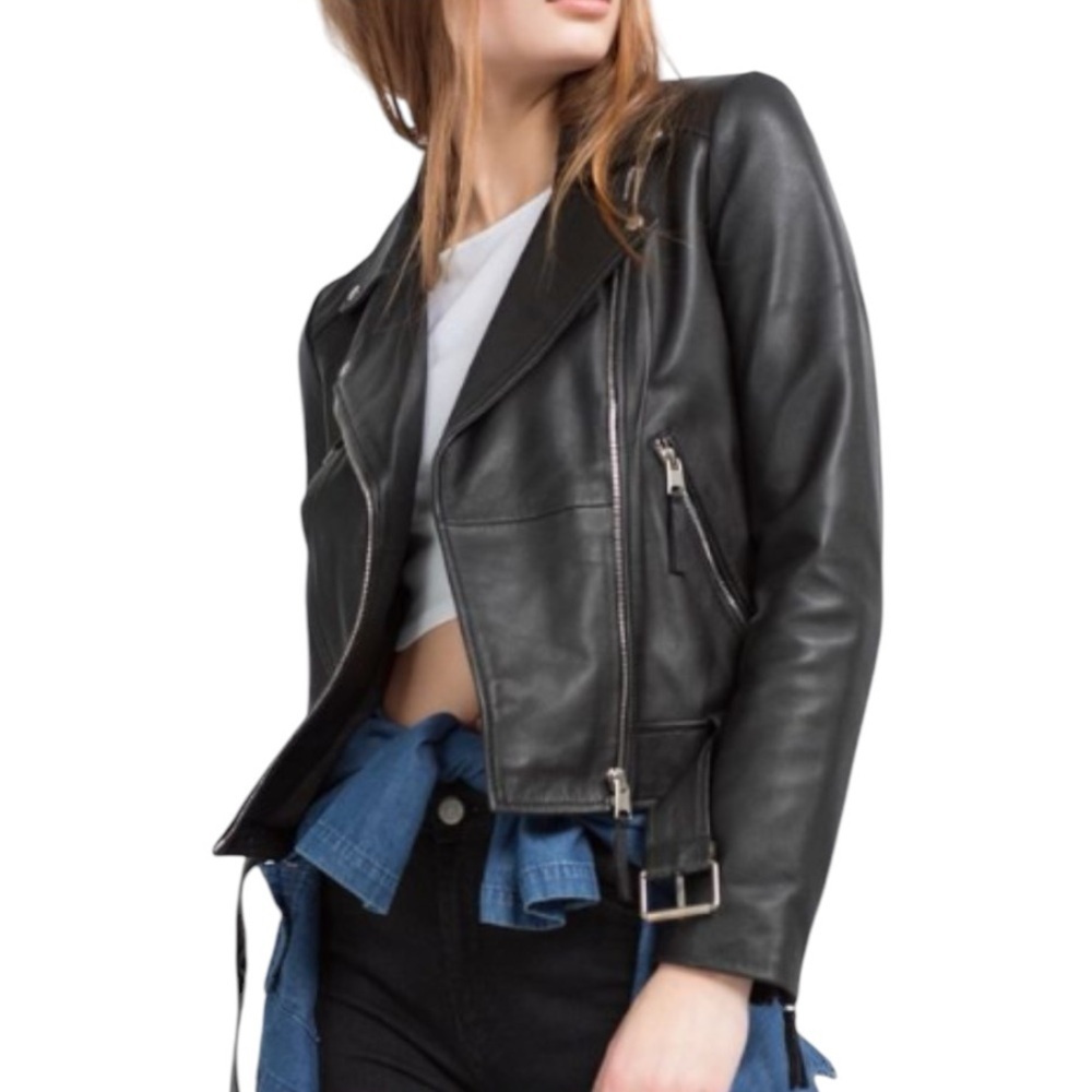 Zara TRF Genuine Sheep Leather Black Biker Jacket. Size Small #1455